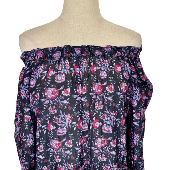 XIRENA Lea Shirred Off the Shoulder Tiered Silk Blend Dress Black Beauty Floral - Picture 7 of 16